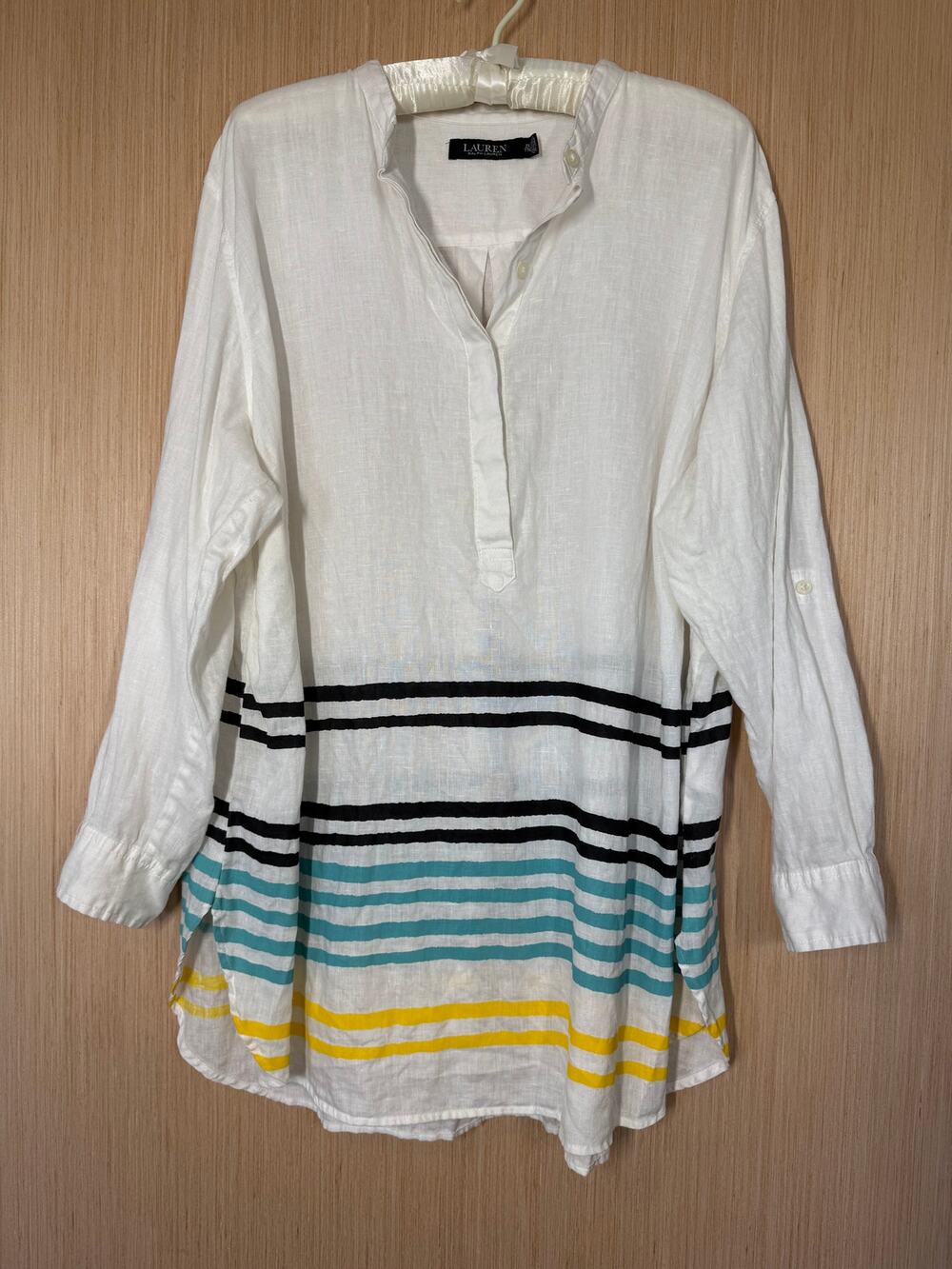 Lauren Ralph Lauren 100% Linen Roll Tab Sleeve Tunic Top Size 2X Ivory Coastal